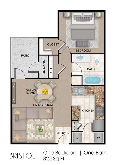 Floor plan for 1 bed, 1 bath, 820 sqft